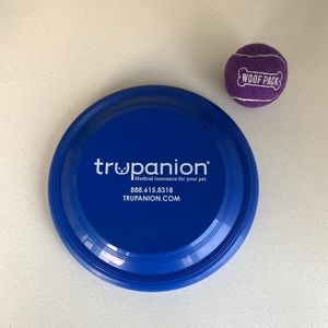 [Free If You Bundle $25+] Blue Trupanion Frisbee & Purple Woof Pack Tennis Ball